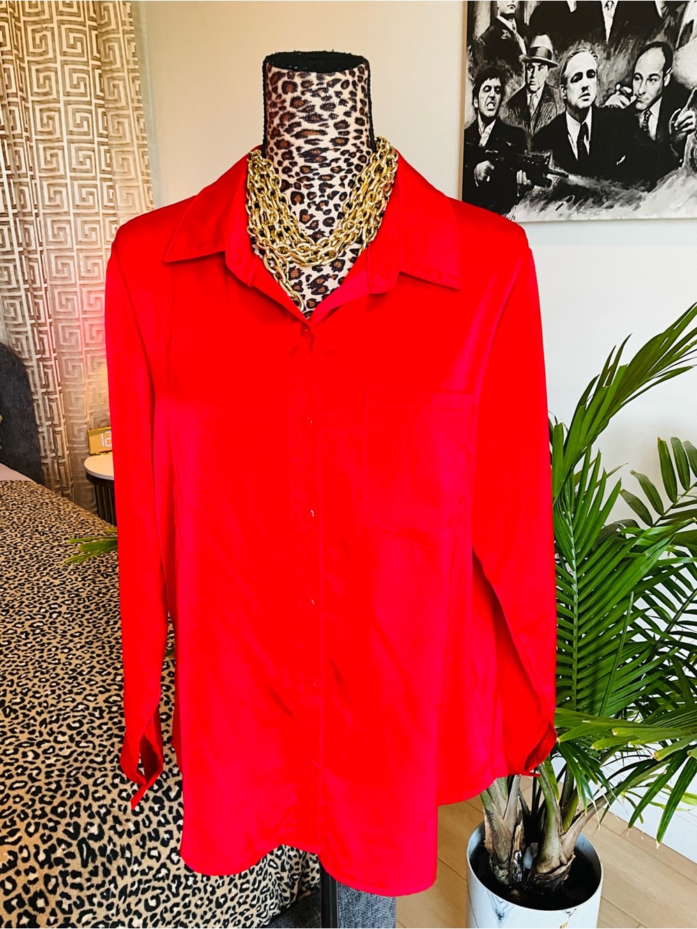 Red Button-Up Blouse - Classic Collared Top - Picture 5 of 8